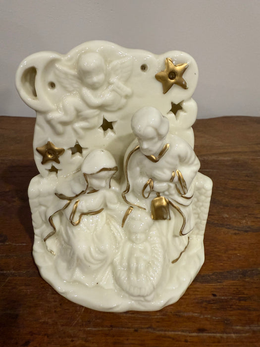 Vintage Ceramic Ivory & Gold Nativity Candle Holder