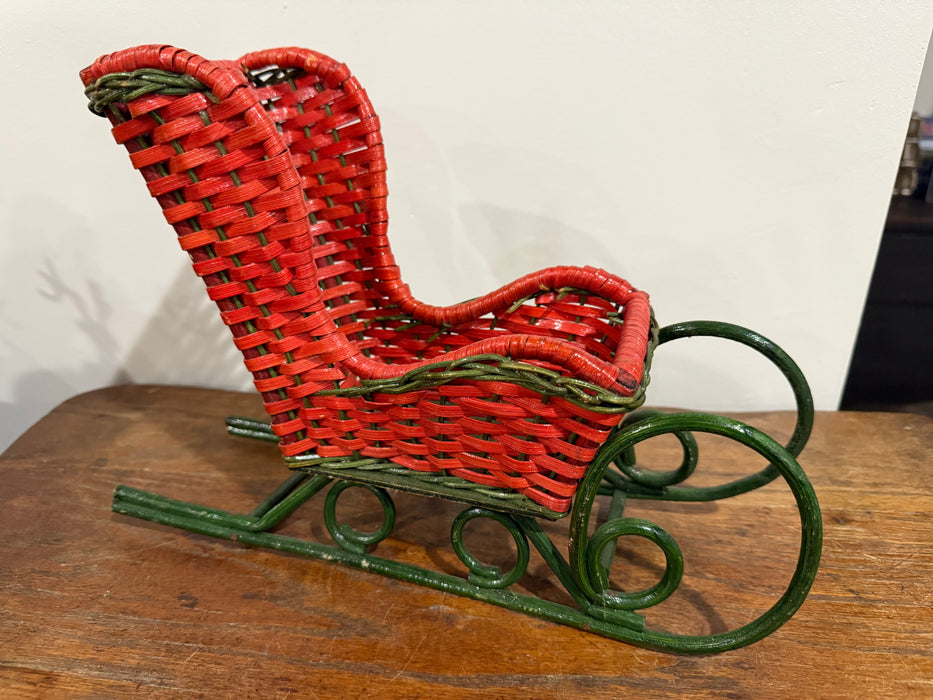 Vintage Red & Green Woven Christmas Sleigh Basket
