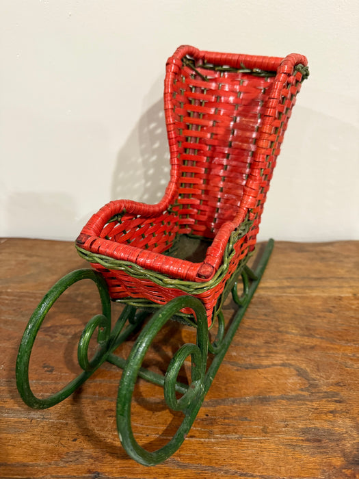 Vintage Red & Green Woven Christmas Sleigh Basket
