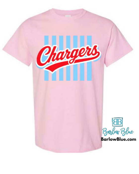 Striped Chargers Tee on Pink.  Fundraiser for Choctaw Chargers Youth Football.