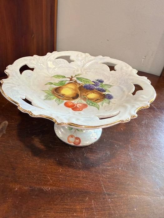 Vintage Porcelain Pedestal Fruit Compote Bowl | Reticulated Edge | Hand Painted Fruit | Lusterware Centerpiece