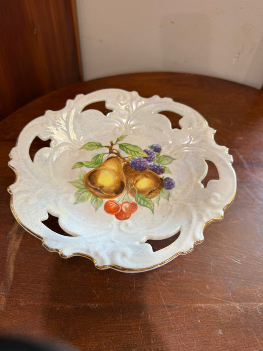 Vintage Porcelain Pedestal Fruit Compote Bowl | Reticulated Edge | Hand Painted Fruit | Lusterware Centerpiece