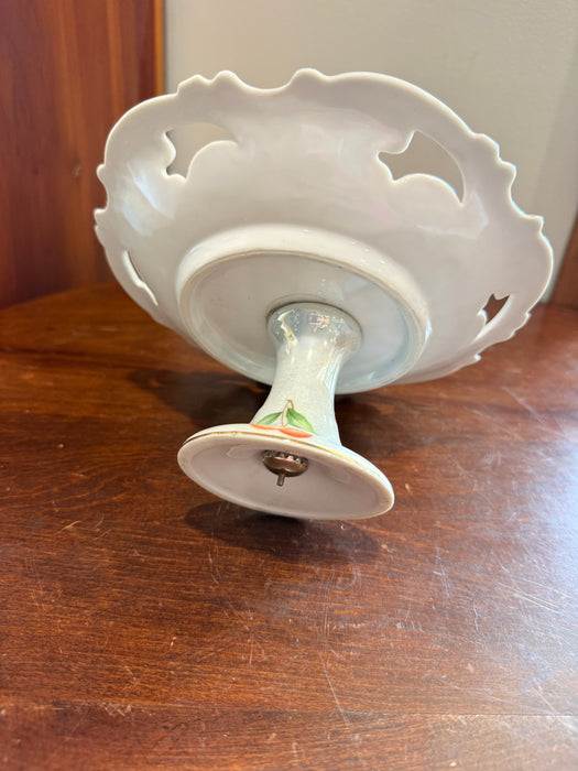 Vintage Porcelain Pedestal Fruit Compote Bowl | Reticulated Edge | Hand Painted Fruit | Lusterware Centerpiece