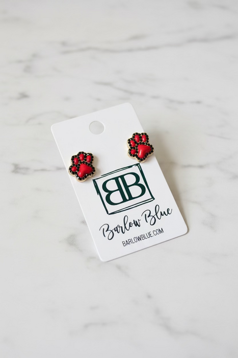 Red and Black Glitzy Paw Print Stud Earrings