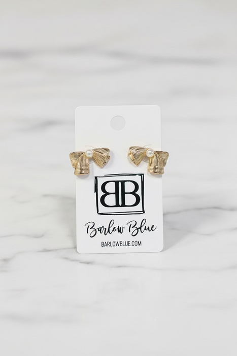 Gold Bow Pearl Stud Earrings