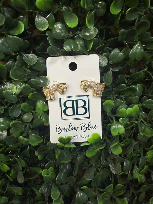 Gold Bow Pearl Stud Earrings