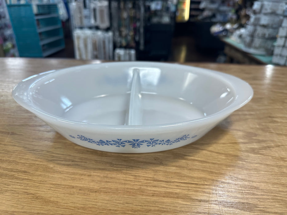 Vintage Pinwheel Opal Glasbake Divided Dish Blue & White