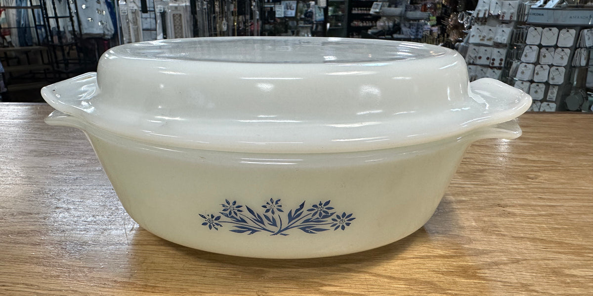 Vintage Anchor Hocking Fire King Blue Flowers Pattern Casserole 
