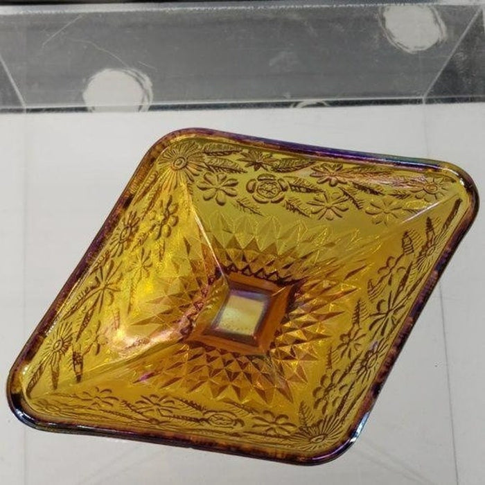 Vintage Indiana Amber Carnival Glass Pedestal Diamond Shaped Candy Dish Bowl