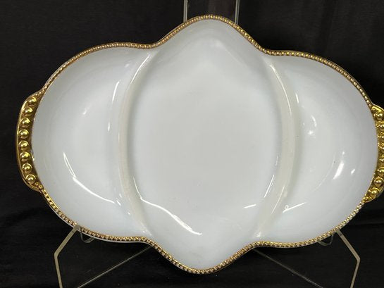 Vintage Oval Fire King Milk White Glass with Gold Trim Oven Ware or Display Dish