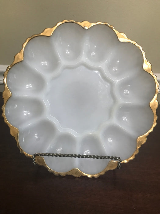 Vintage Milk Glass Tray with Gold Trim.  Egg Plate