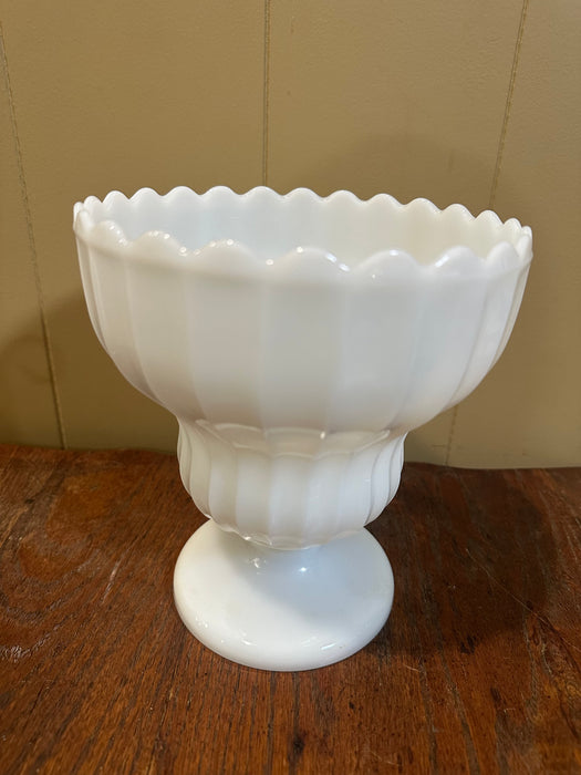 Vintage Milk Glass Ribbed Scalop Pedestal Footed Vase Planter 8" Tall