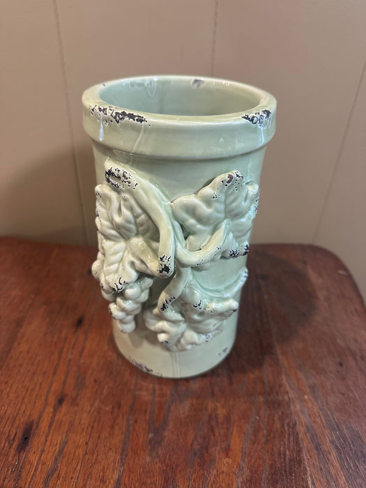 Vintage Pottery Vase with Grapes and Leaves.  Light Green.