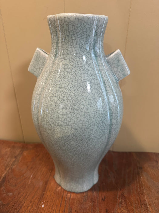 Vintage Celadon Crackle Glass Pottery Vase.  14” Tall x 7.5” Wide