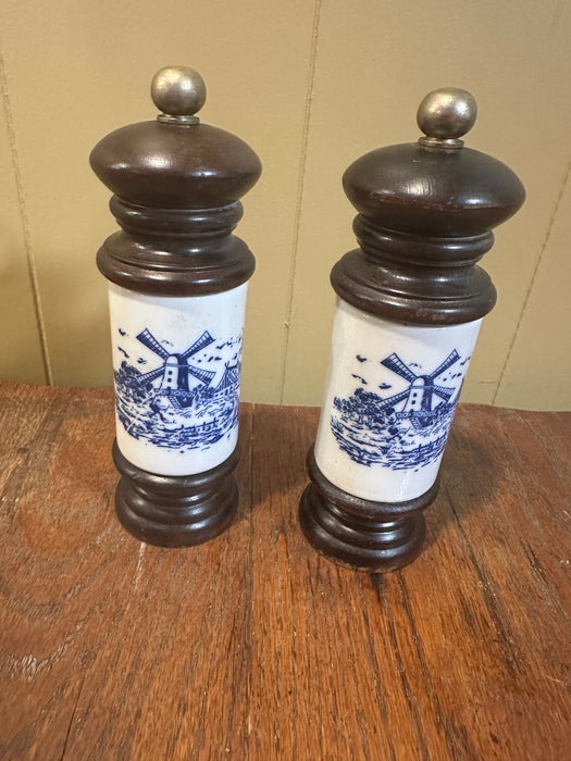 Vintage Delft Windmill Salt Pepper Grinders.  Sold individually.