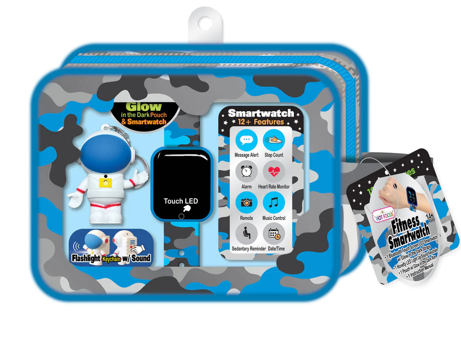 Camo Fitness Smartwatch for Kids.  Also comes with astronaut flashlight keychain.  Syncs with phones.