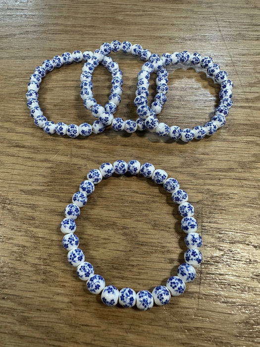 Blue & White Chinoisserie Look Beaded Bracelet.  Sold Individually