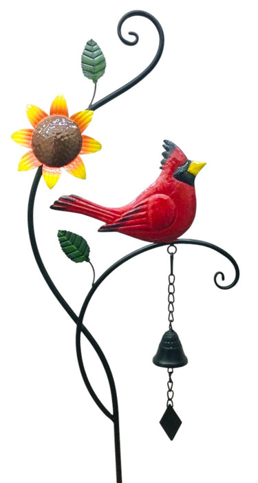 Cardinal with Sunflower & Chime Bell Metal Yard Art Stake.  56 “ Tall x 11” Wide ⚠️ Oversized Item.  Store Pick Up Only! No Shipping.
