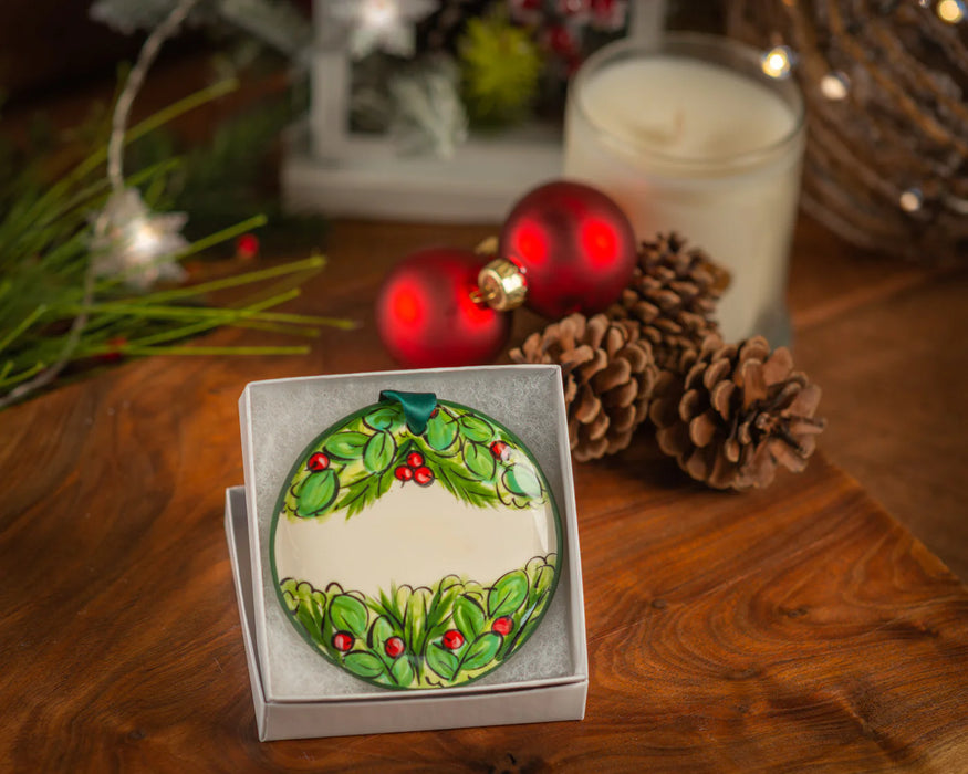 Holly Wreath Ornament.  Can be personalized with names, dates & more!