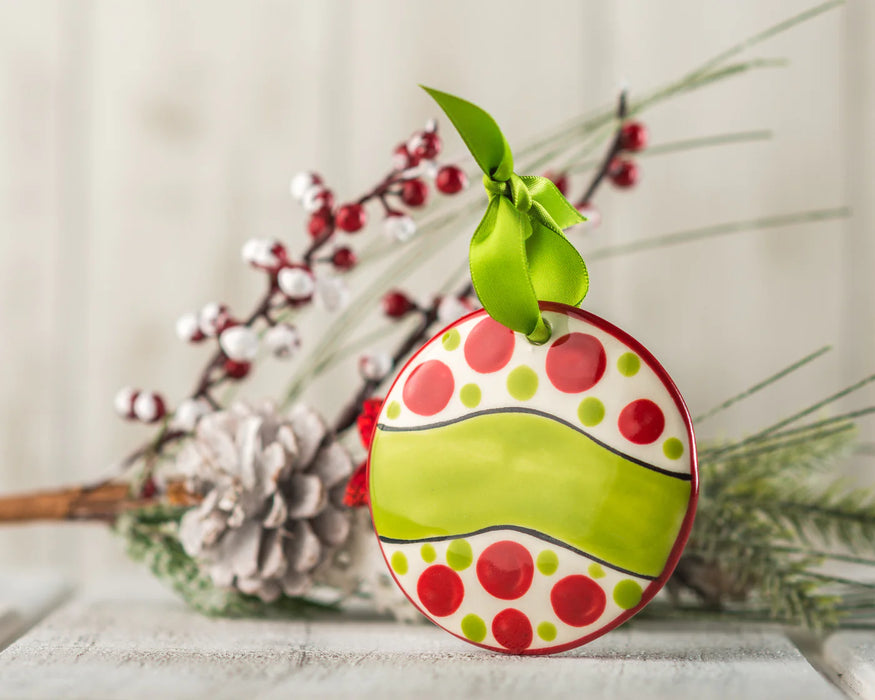 Red/Green Polka Dots Ornament.  Can be personalized with names, dates & more!