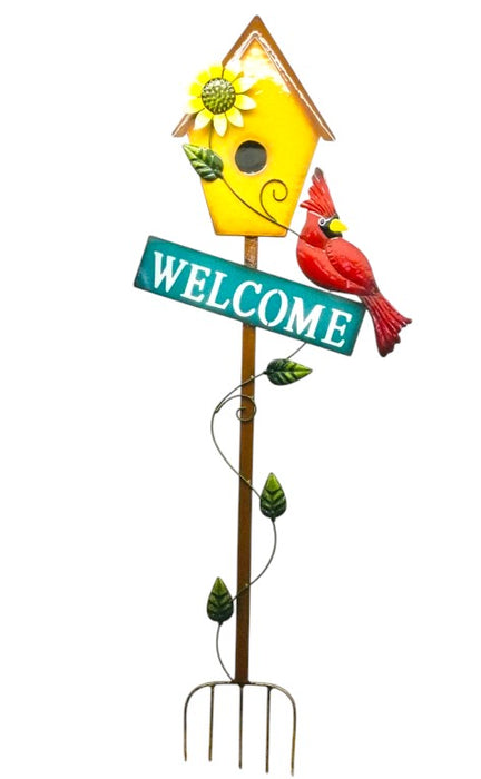 Cardinal with Welcome & Birdhouse Sign on a Pitchfork Stake.  47” Tall x 16”Wide ⚠️ Oversized Item.  Store Pick Up Only! No Shipping.