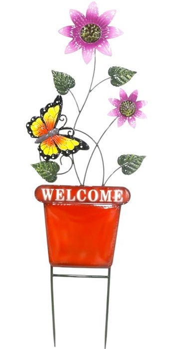 Metal Yard Sign.  Red Pot with Welcome Sign, Yellow Butterfly with Purple Flowers.  40” Tall x 13” Wide ⚠️ Oversized Item.  Store Pick Up Only! No Shipping.