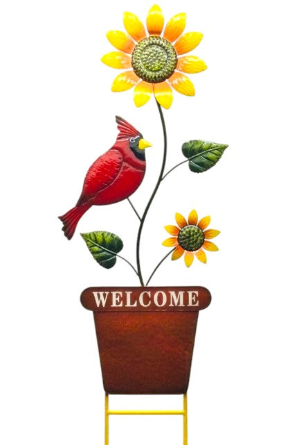 Metal Yard Sign.  Dark Red Pot with Welcome Sign, Cardinal with Sunflower.  42” Tall x 15” Wide ⚠️ Oversized Item.  Store Pick Up Only! No Shipping.