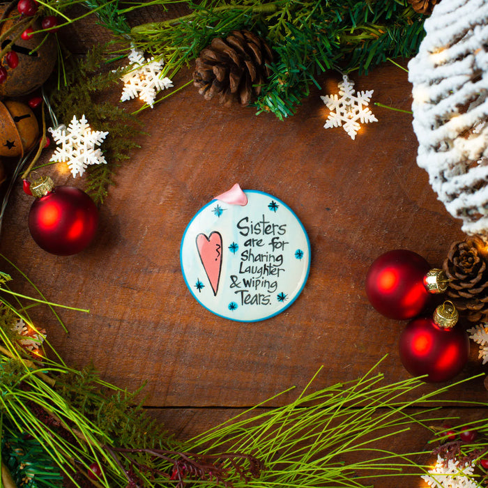 Sisters Are For Sharing Laughter & Wiping Tears Ornament.  Can be personalized with names, dates & more!