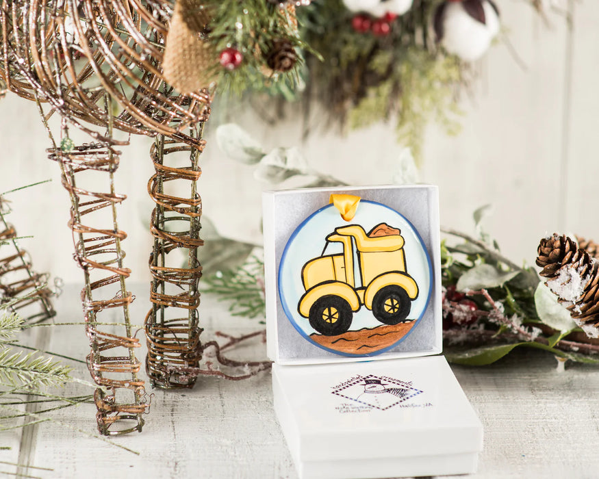 Dump Truck Ornament.  Can be personalized with names, dates & more!