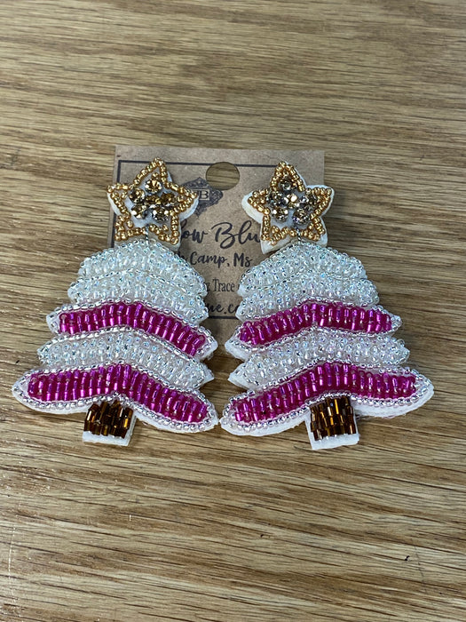 Beaded Pink & White Christmas Tree Earrings