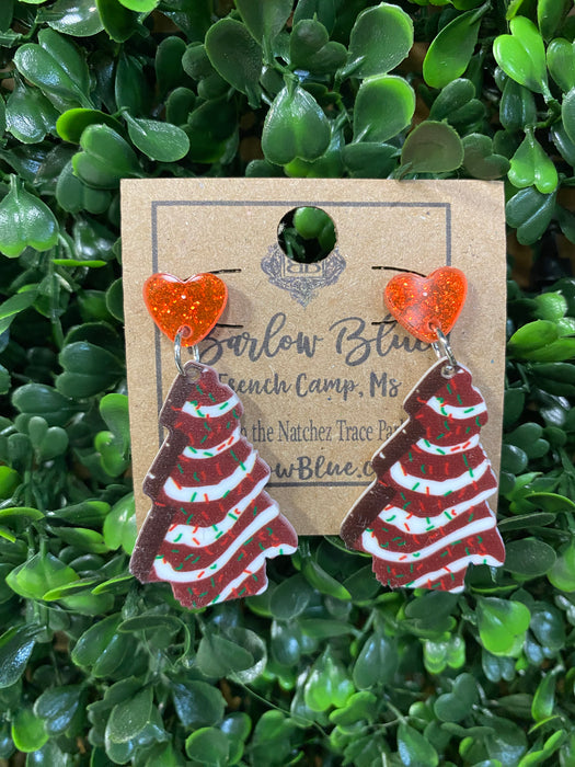 Christmas Tree Cake with Red Heart. Acrylic Christmas Earrings