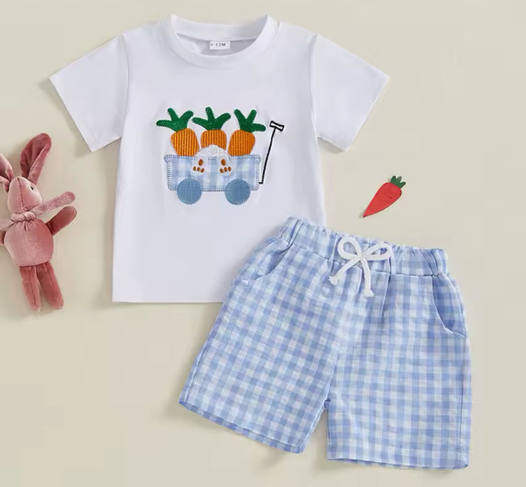 Checkered Easter Wagon Shorts Outfit w/ Carrots