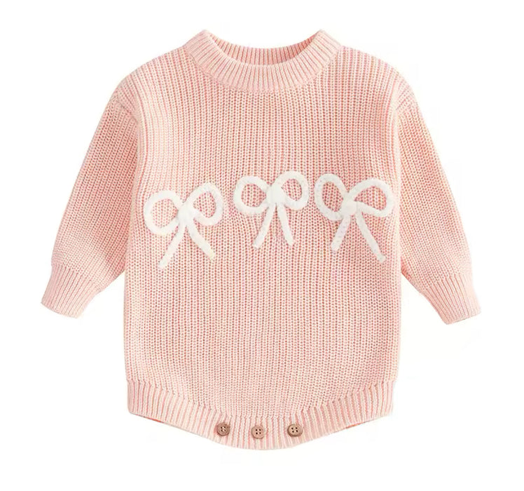 Pink Sweater Romper with Embroidered Bows for Baby Girls