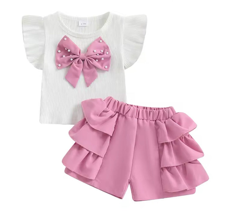 Pink Ruffle Shorts with White Top with Bow & Pearls for Baby & Toddler Girls