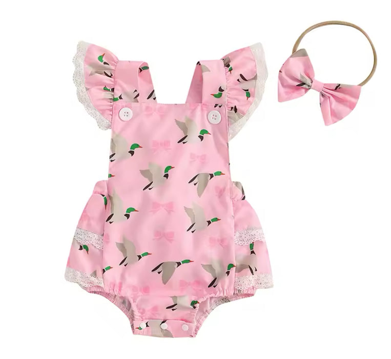 Pink Romper with Ducks & Bows for Baby Girls