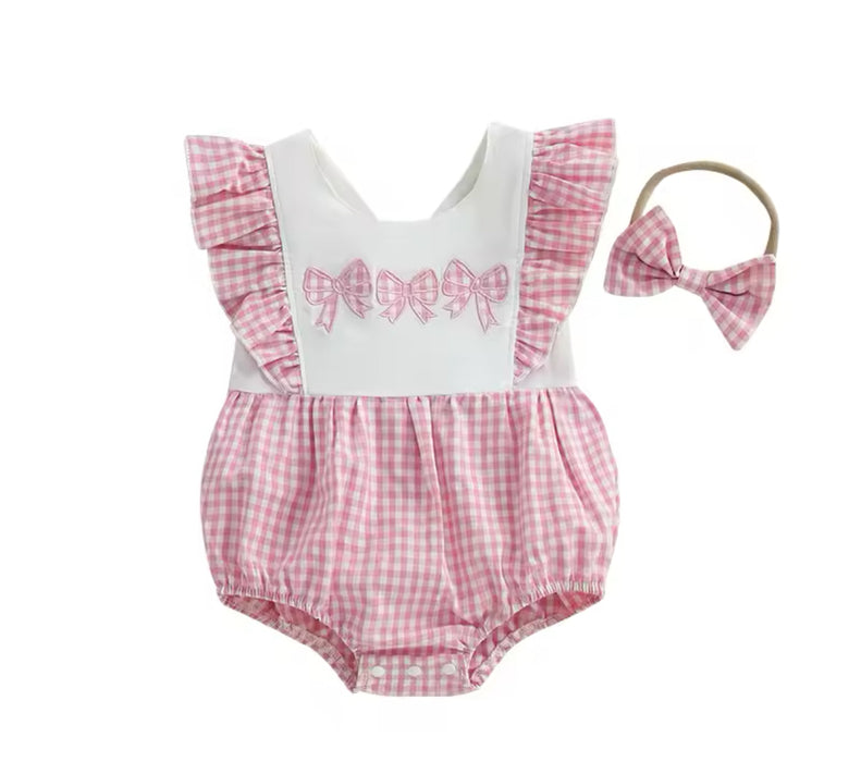 Pink Gingham Romper 2 Piece set with Bow