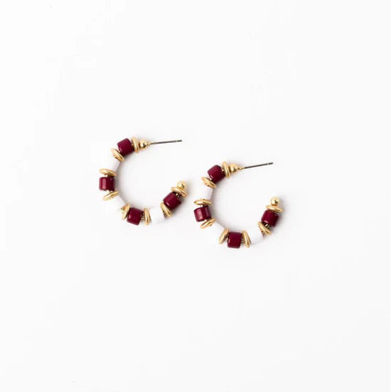 Maroon, White, & Gold Beaded Cara Hoops- Perfect For Game Day To Show Your School Spirit!!