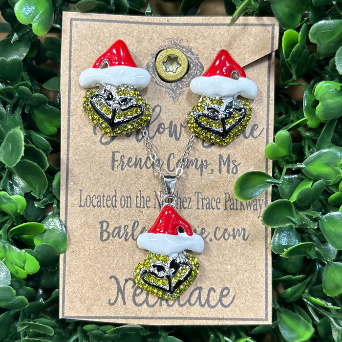 Shiny Grinch with Hat Necklace & Earrings Set