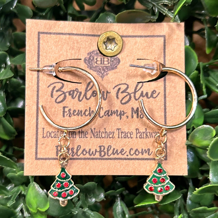 Hanging Christmas Tree Gold Hoop Earrings