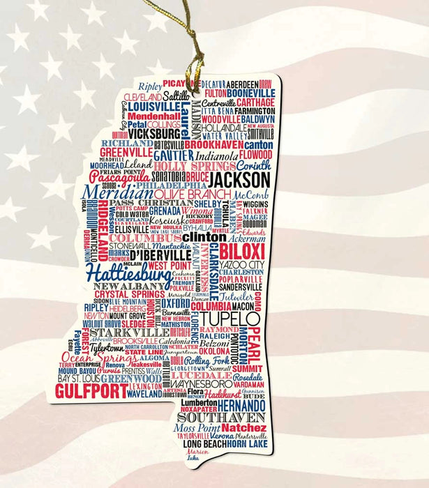 Mississippi Wooden State Ornament with Town Names