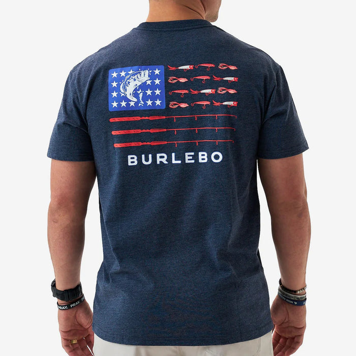 Adult SS Tee – Fishing USA Flag Short Sleeve – Heather Navy by Burlebo