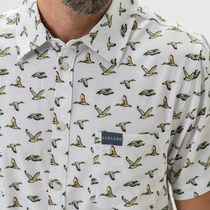 Performance Button Up – Flying Mallard Ducks White by Burlebo