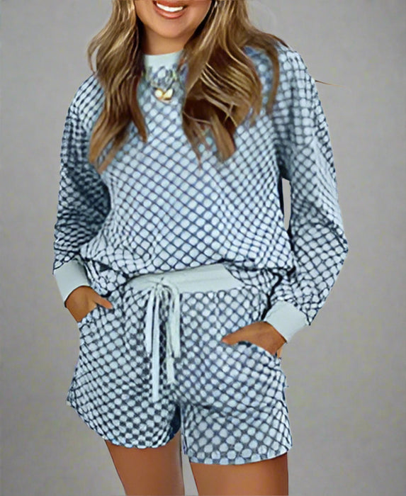 Blue Checkerboard Long Sleeve 2 Piece Short Set
