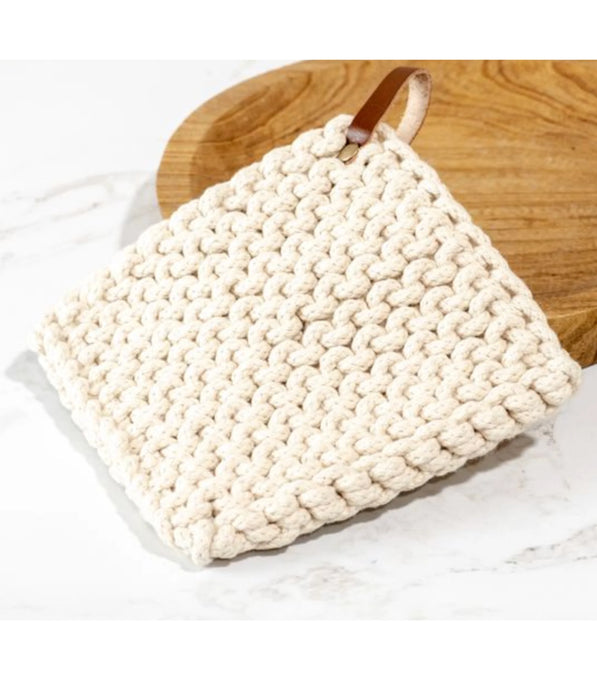 Cream Knit Potholder with Leather Strap