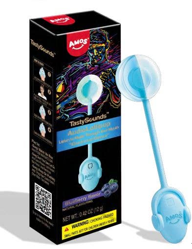 Tasty Sounds Lollipop Blueberry or Strawberry Flavor.  It plays music when you are eating it that only that person can hear.