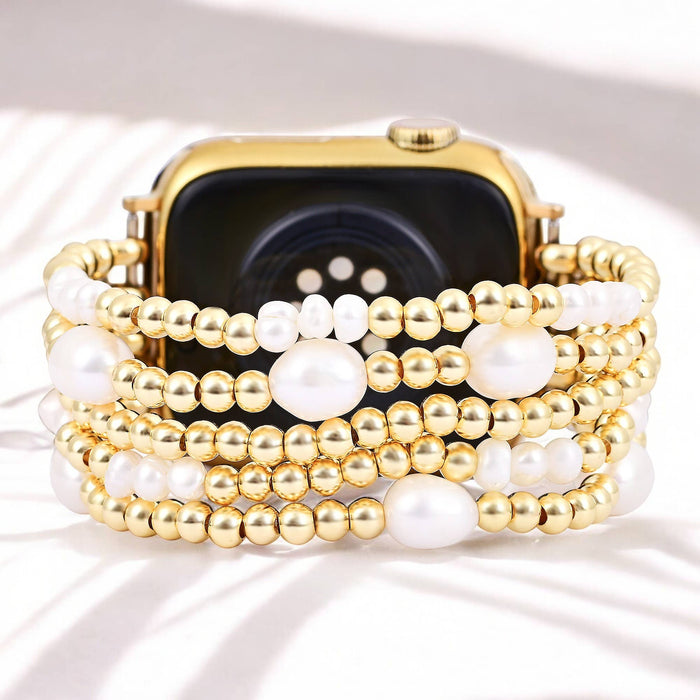 Gold and Pearl Stretch Apple Watch Bracelet Band Strap.  Water Resistant.  Compatible with 38mm - 45mm Watch Face.