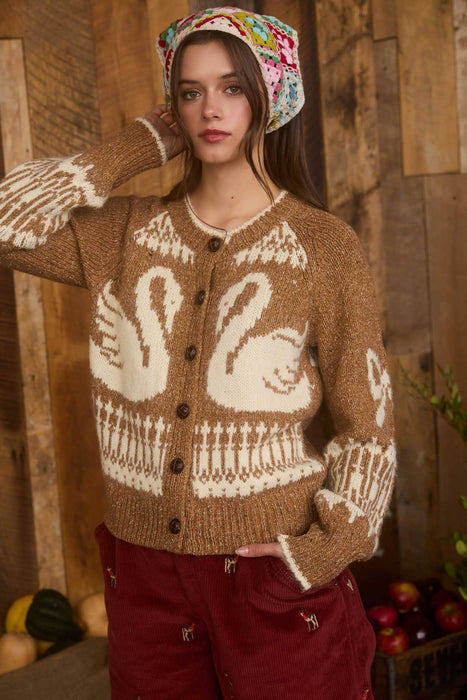 Caramel Swan Jacquard Button Down Long Sleeve Sweater Cardigan