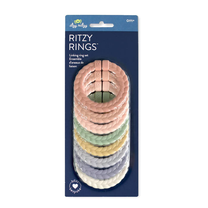 Bitzy Bespoke Itzy Rings™ Linking Ring Set: Muted Rainbow Color.  Use as a teether, toy, or to attach things to a stroller.