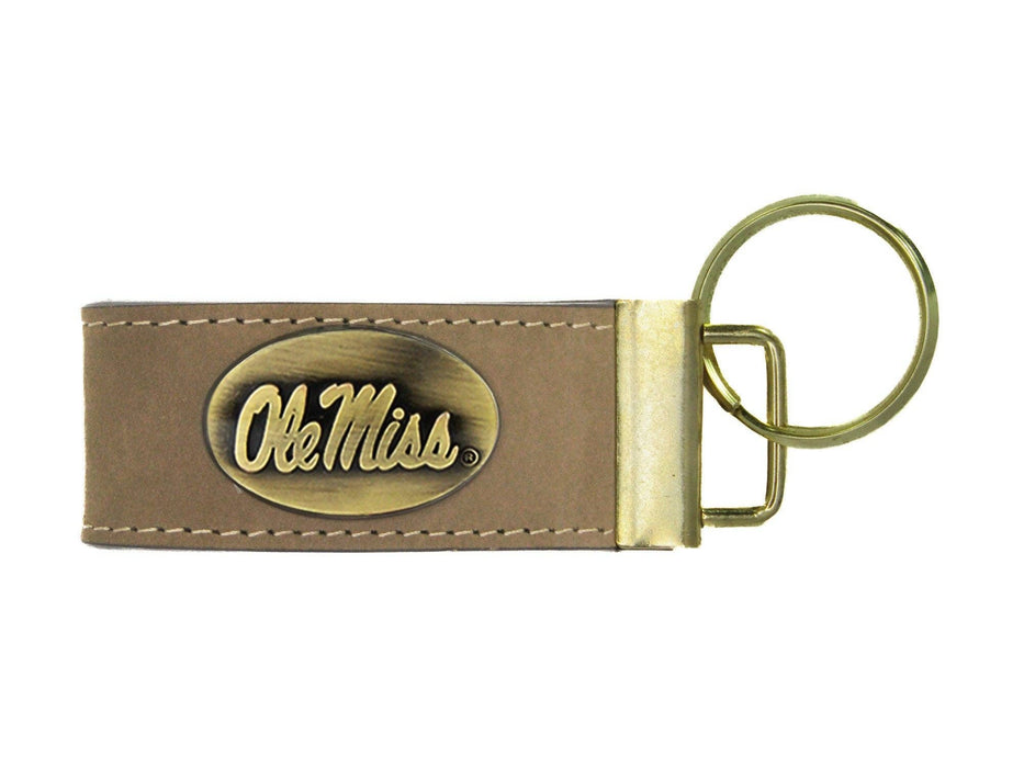 Collegiate Leather Key Fob With Antique Brass Logo- MSU or Ole Miss