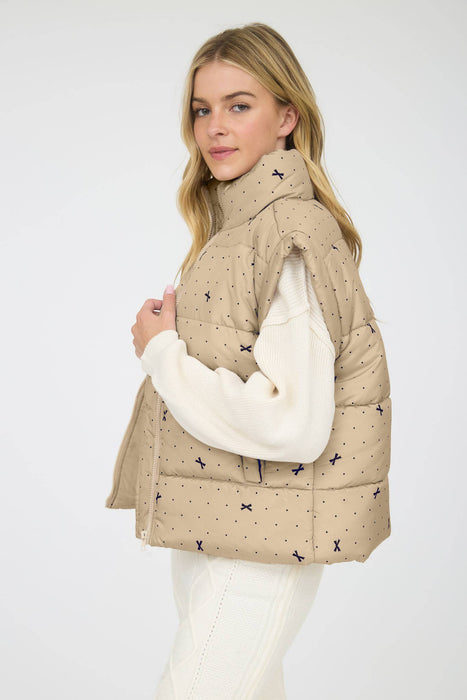 Bow & Polka Dot Pattern Zip-Up Puffer Vest